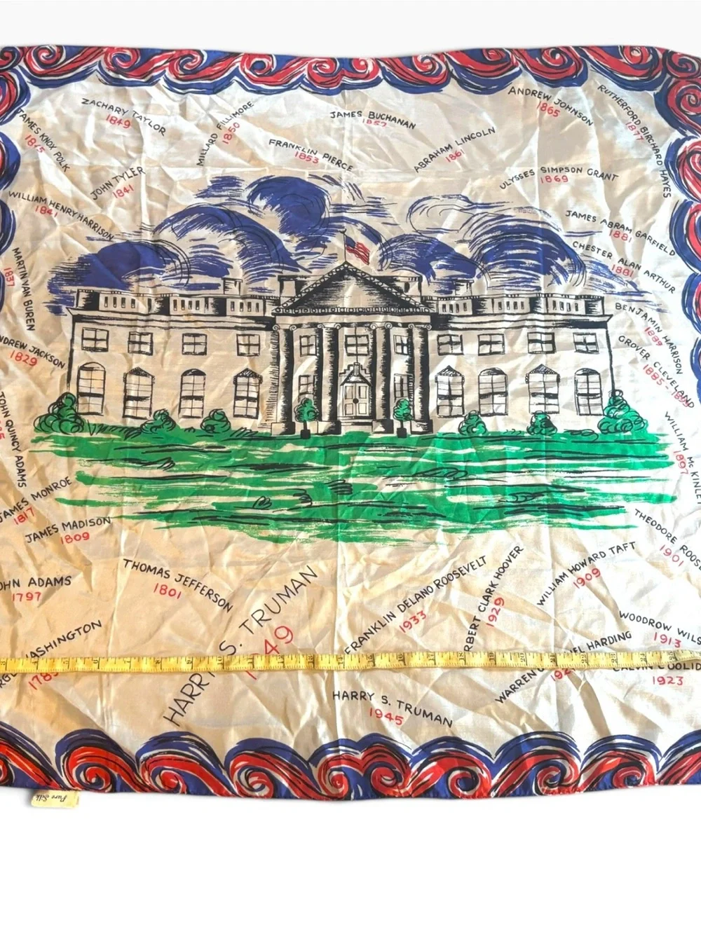Vintage 1949 Pure Silk Scarf White House US Presidents Americana Novelty 29x29